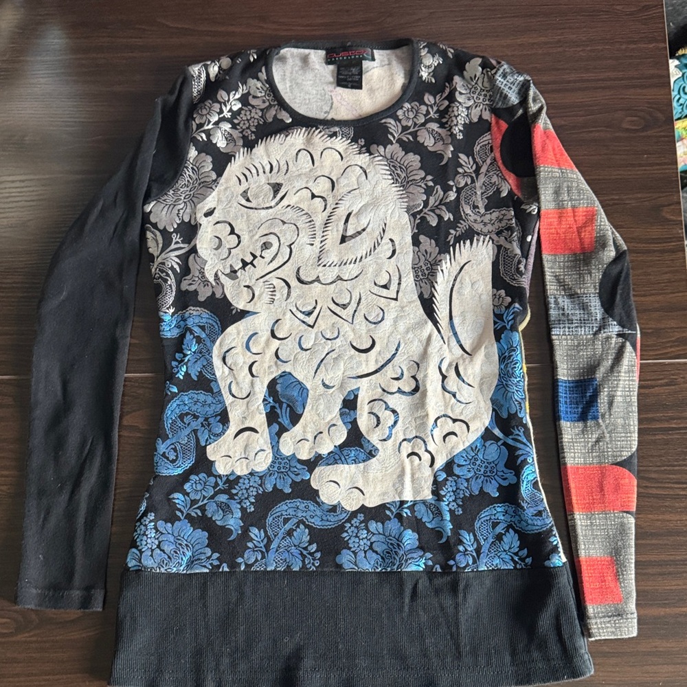 Custo Barcelona Black, Blue & Cream Kids Long Sleeve Top with Lion Graphic